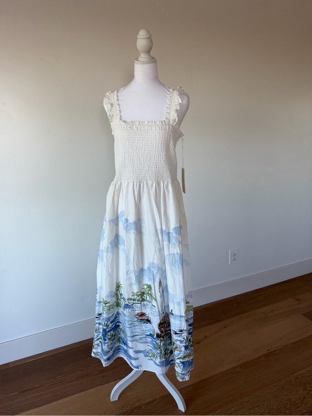 Calypso St. Barth White Maxi Dress with Blue and Green Scenic Border